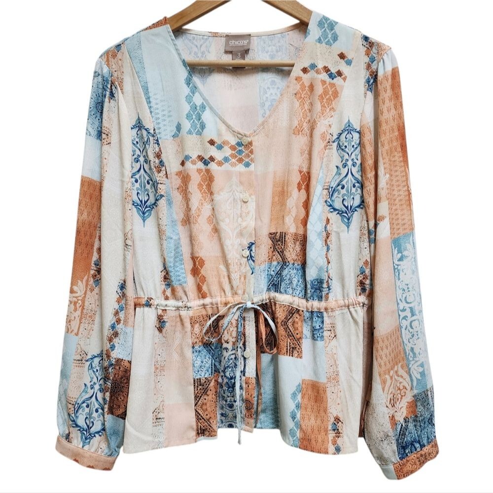 Chico's Blouse Womens XL Mixed Pattern V Neck Long Sleeve Drawstring Waist Boho